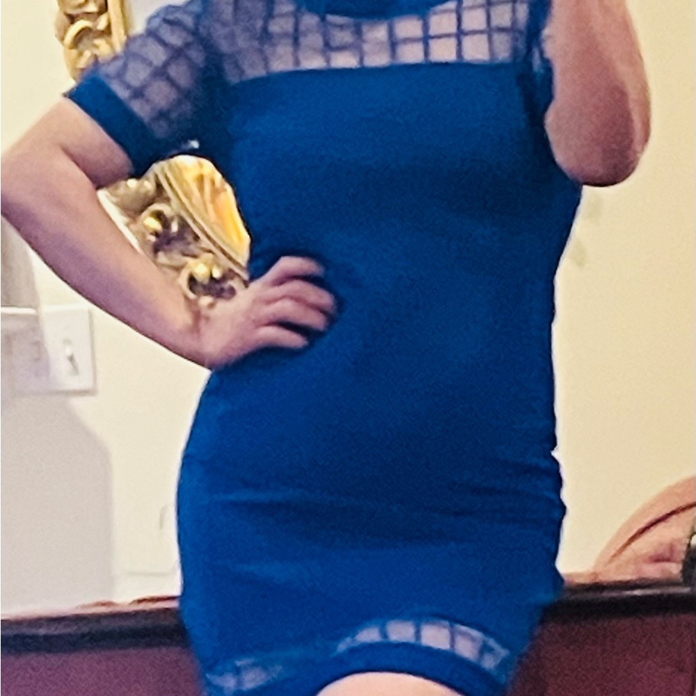 Royal Blue Mesh-Detail Bodycon Mini Dress